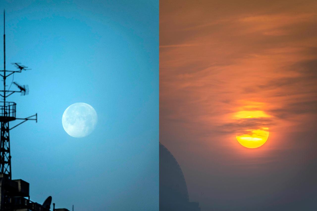 东边金色太阳火热升起,西边"超级月亮"娴静柔美 | 晨镜头